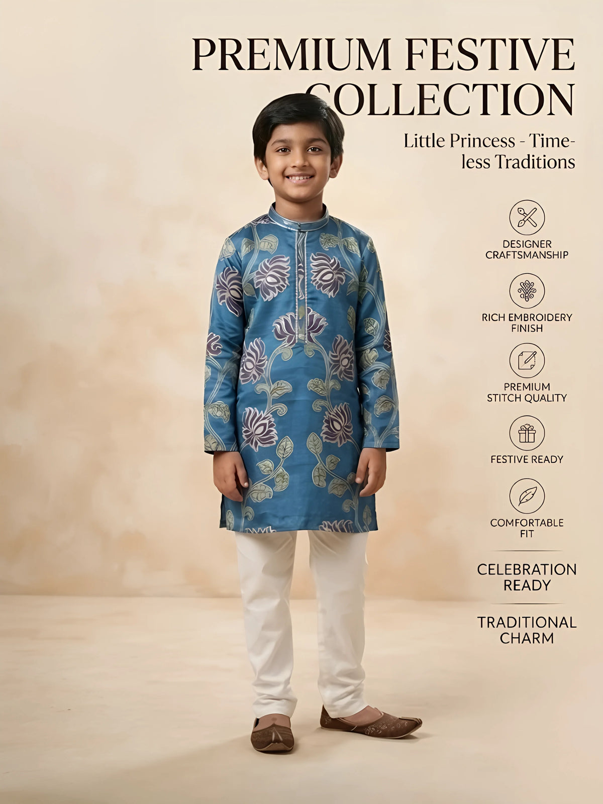 Boys Blue Printed Kurta Set