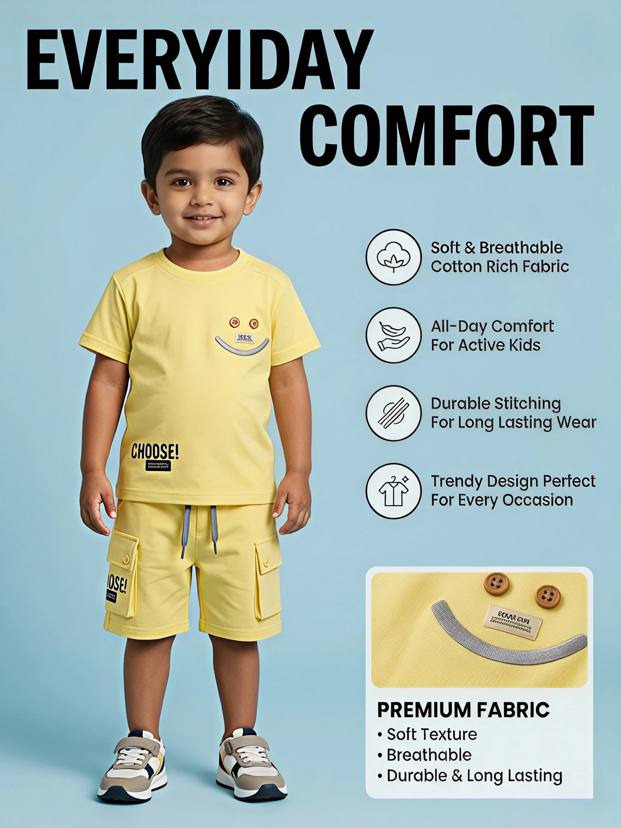 Boys Yellow Smile Graphic T-Shirt & Cargo Shorts Coordinate Set