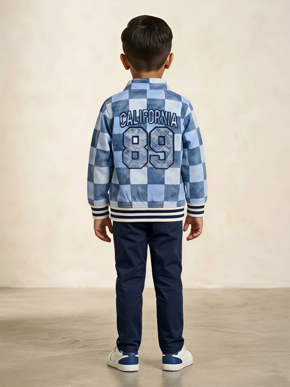 Blue Checkered Casual Jackets with California 89 Print