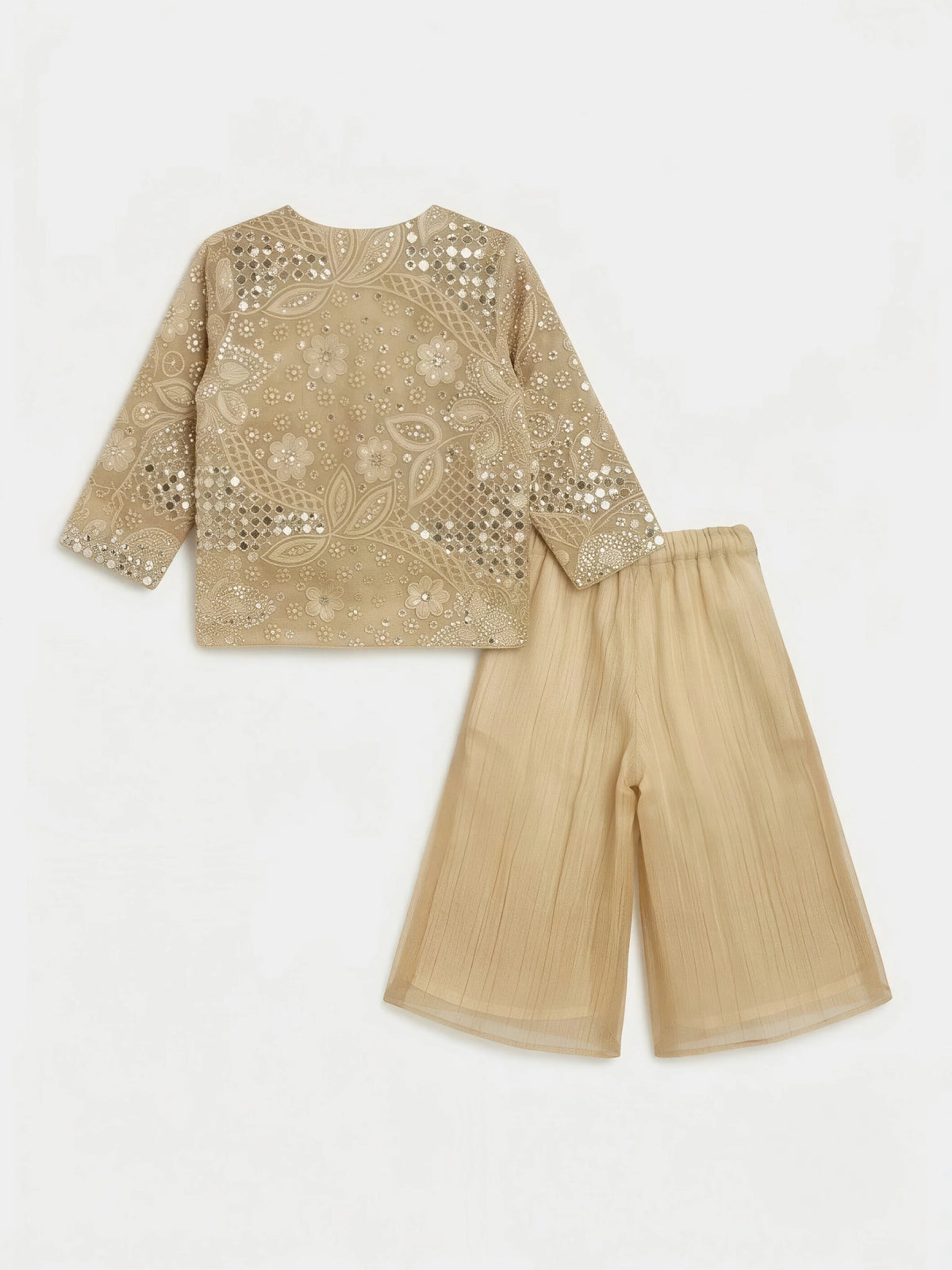Cream Embroidered Mirror Work Plazzo Set with Jacket for Girls
