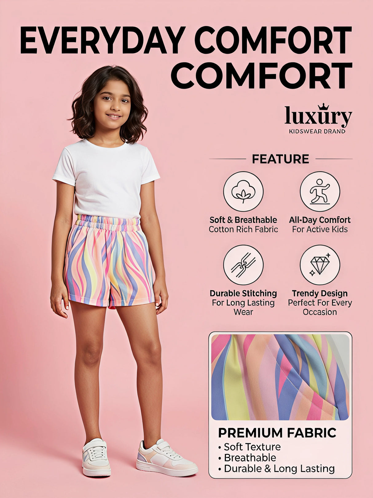 Girls Casual Pink Multicolor Swirl Print Daily Wear Shorts