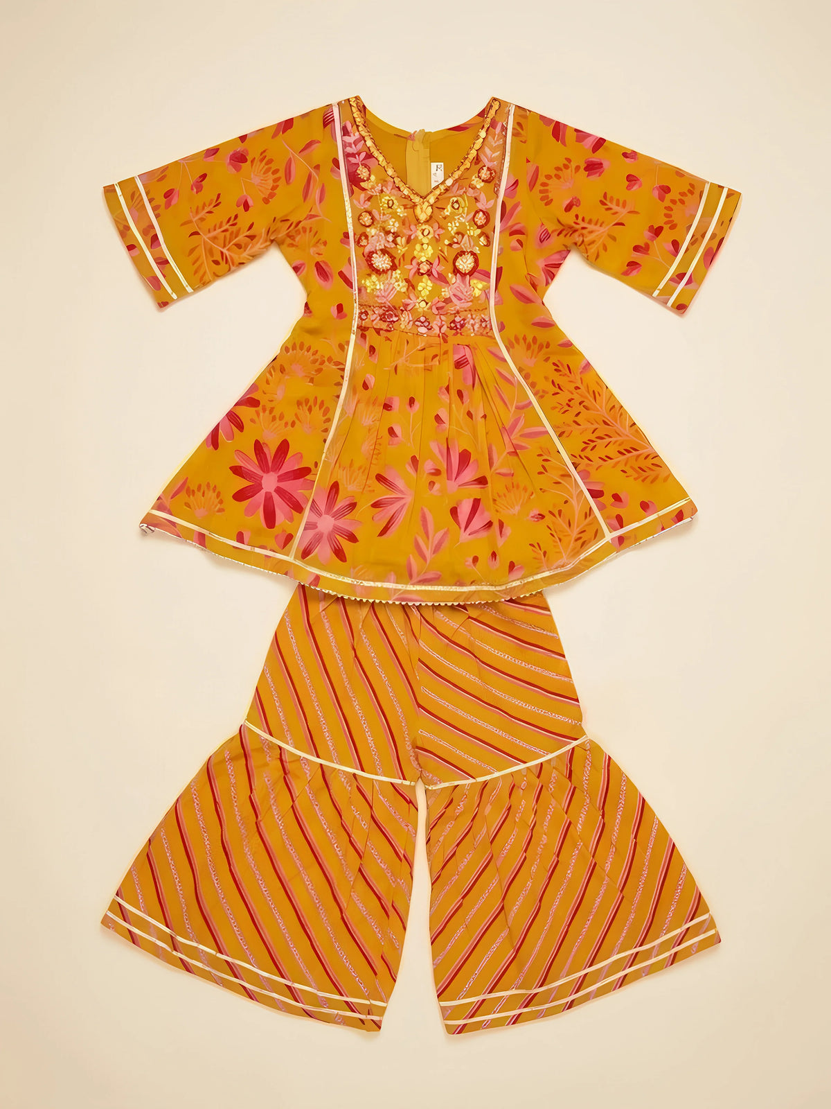 Girls Orange Floral Printed Sharara Set.