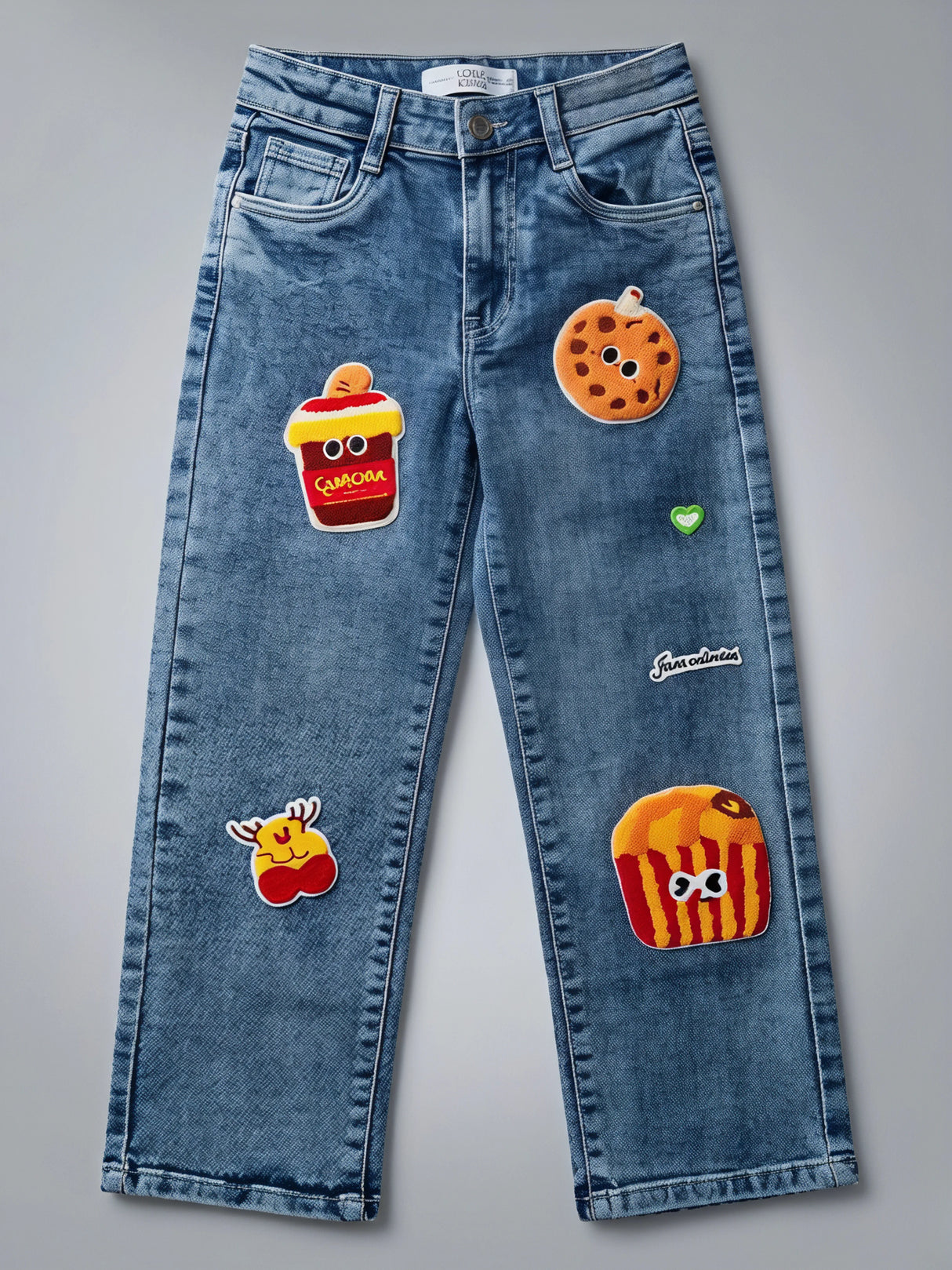 Girls Blue Food-Themed Patchwork Jeans