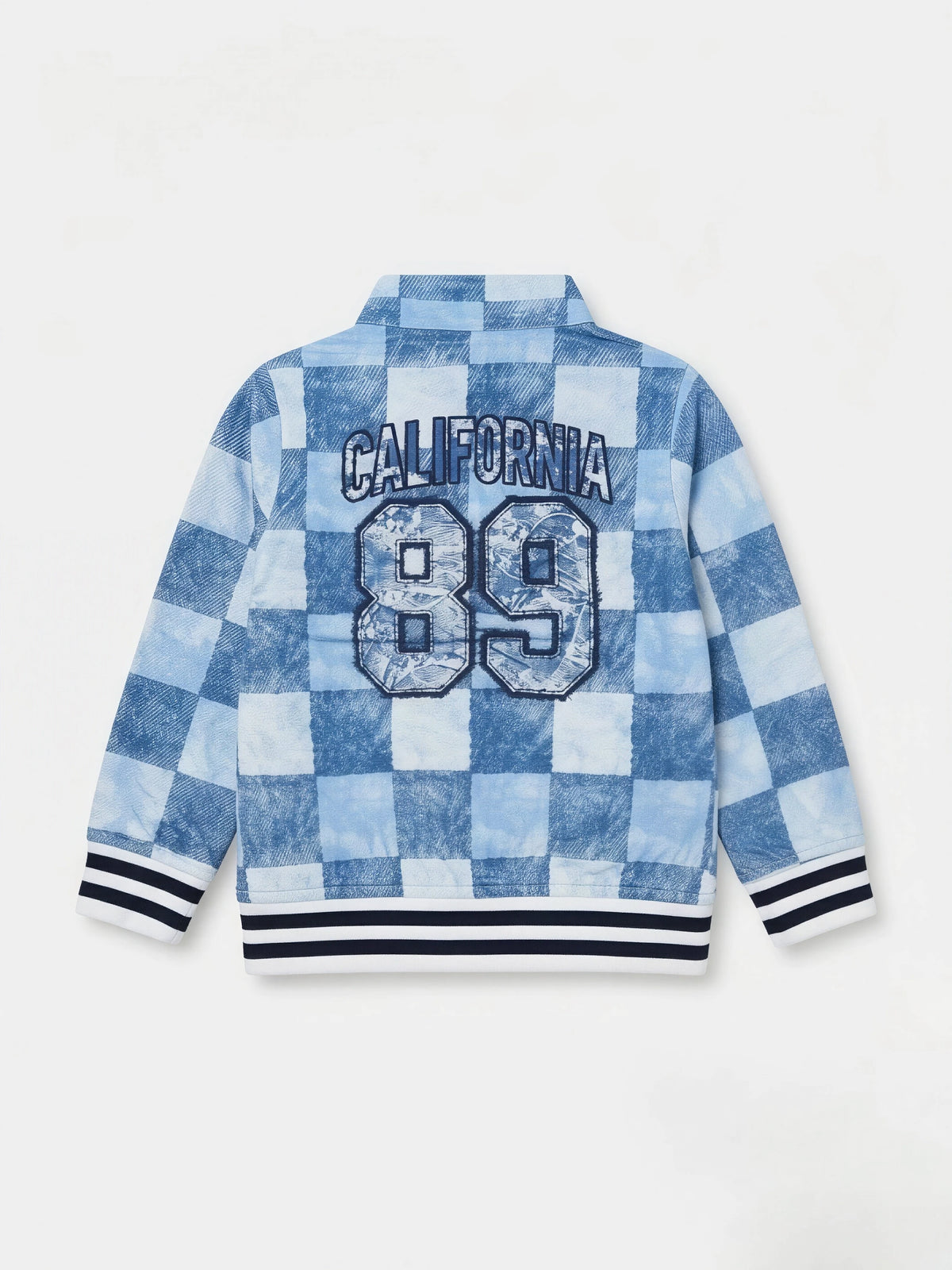 Blue Checkered Casual Jackets with California 89 Print