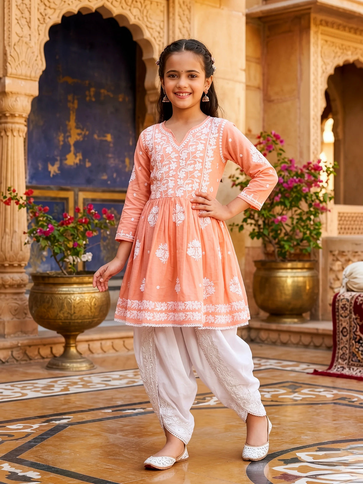 Girls Peach Chikankari Embroidered Frock Kurta with Dhoti Pants Set