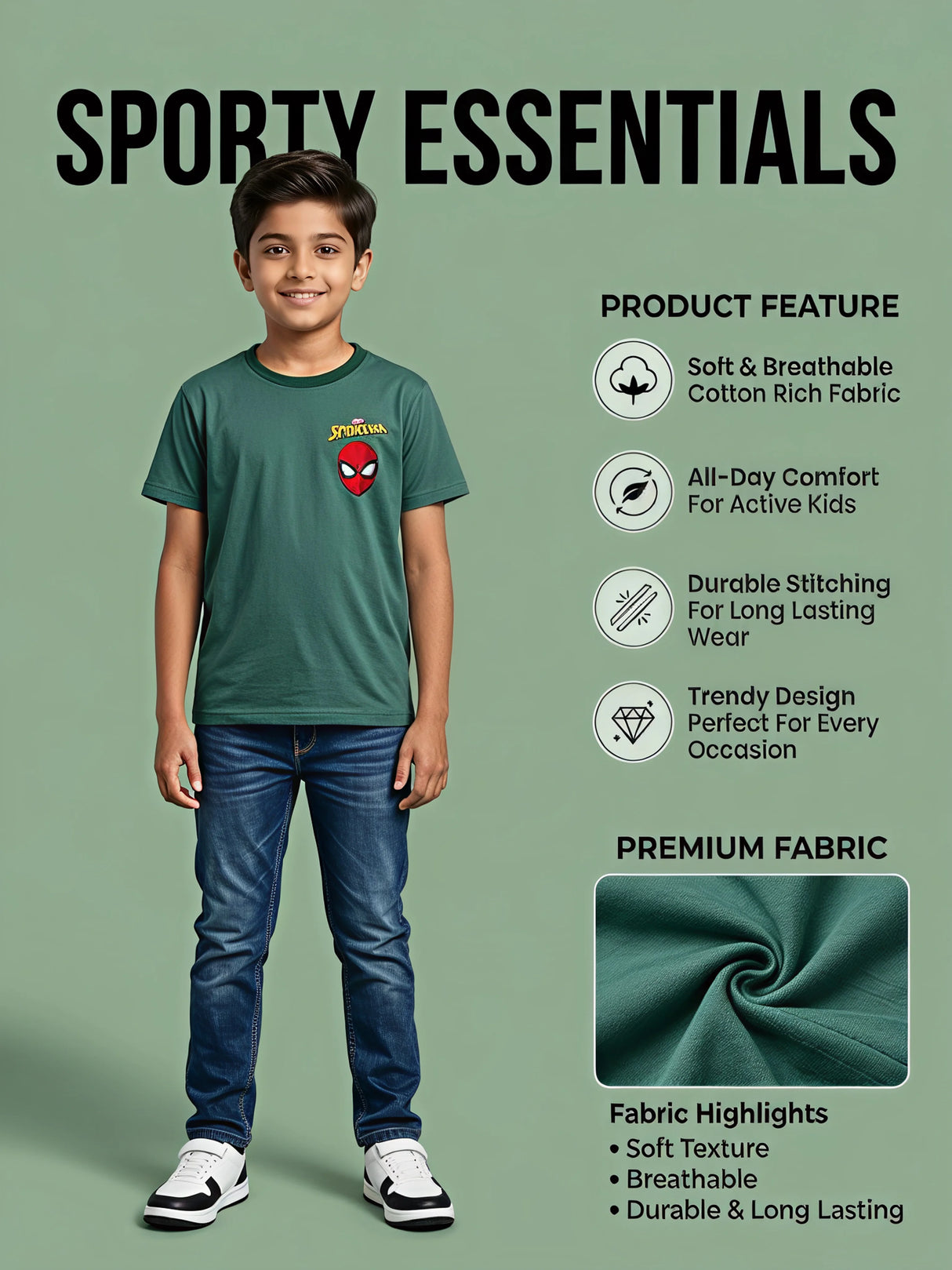 Boys Green Spider-Man Graphic Cotton T-Shirt