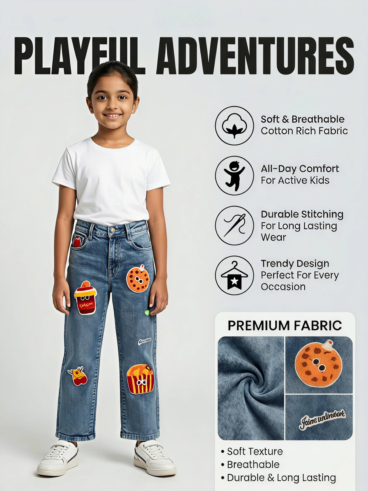 Girls Blue Food-Themed Patchwork Jeans
