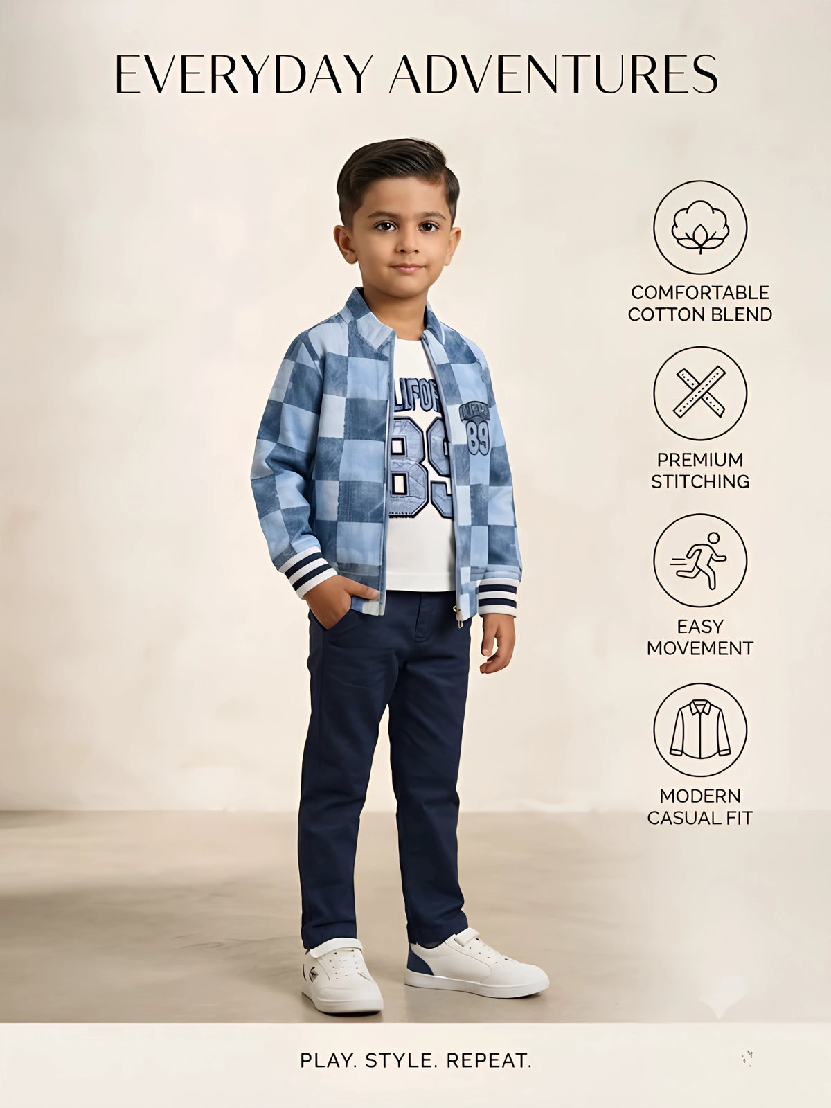 Blue Checkered Casual Jackets with California 89 Print
