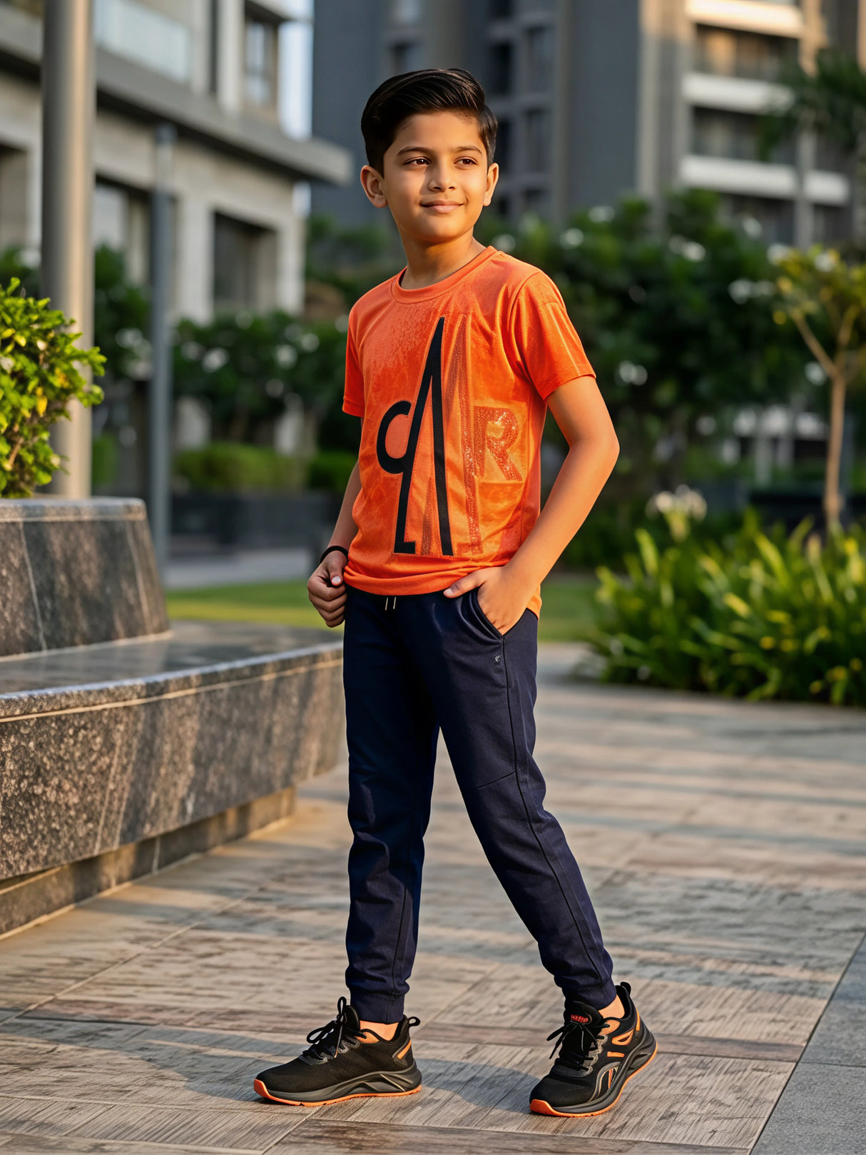 Boys Vibrant Orange Graphic Print Cotton T-Shirt