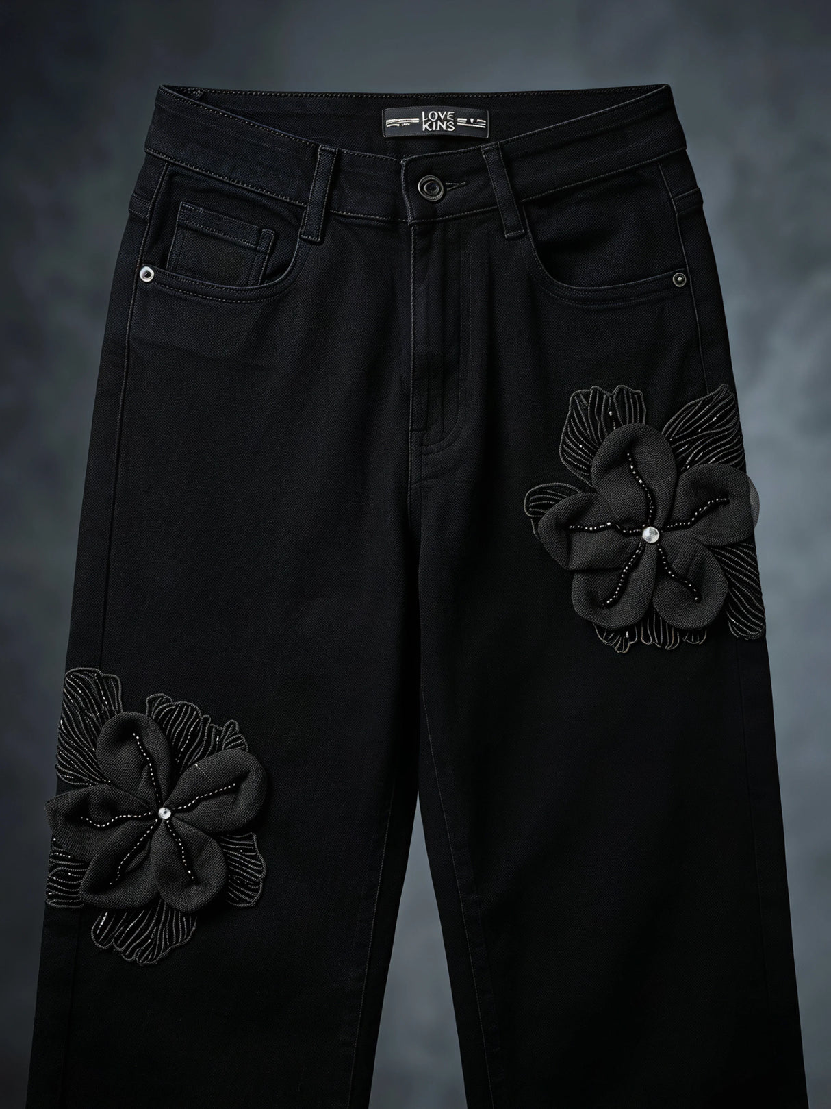 Girls Black Floral Applique Wide Leg Denim Pants