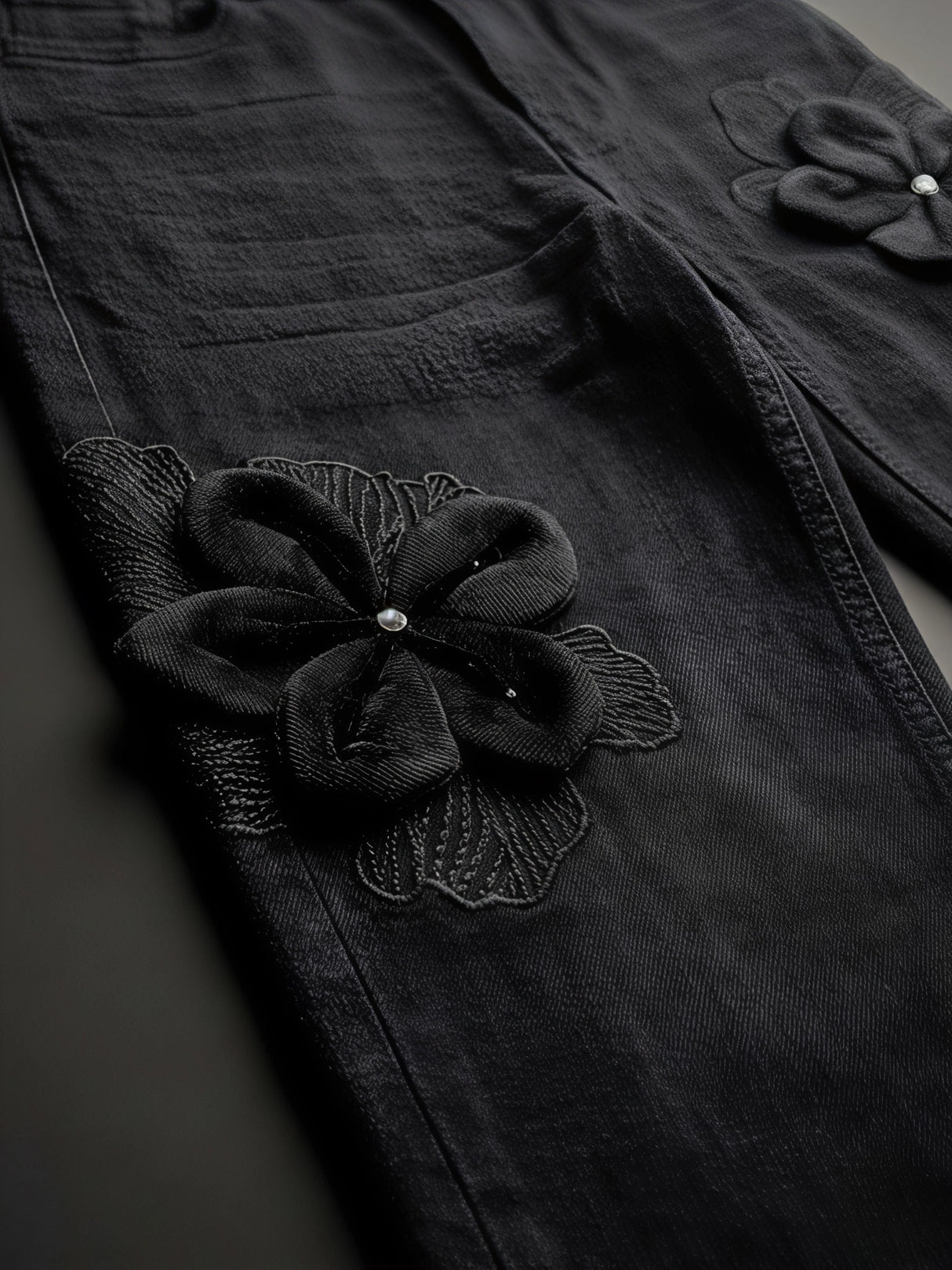 Girls Black Floral Applique Wide Leg Denim Pants