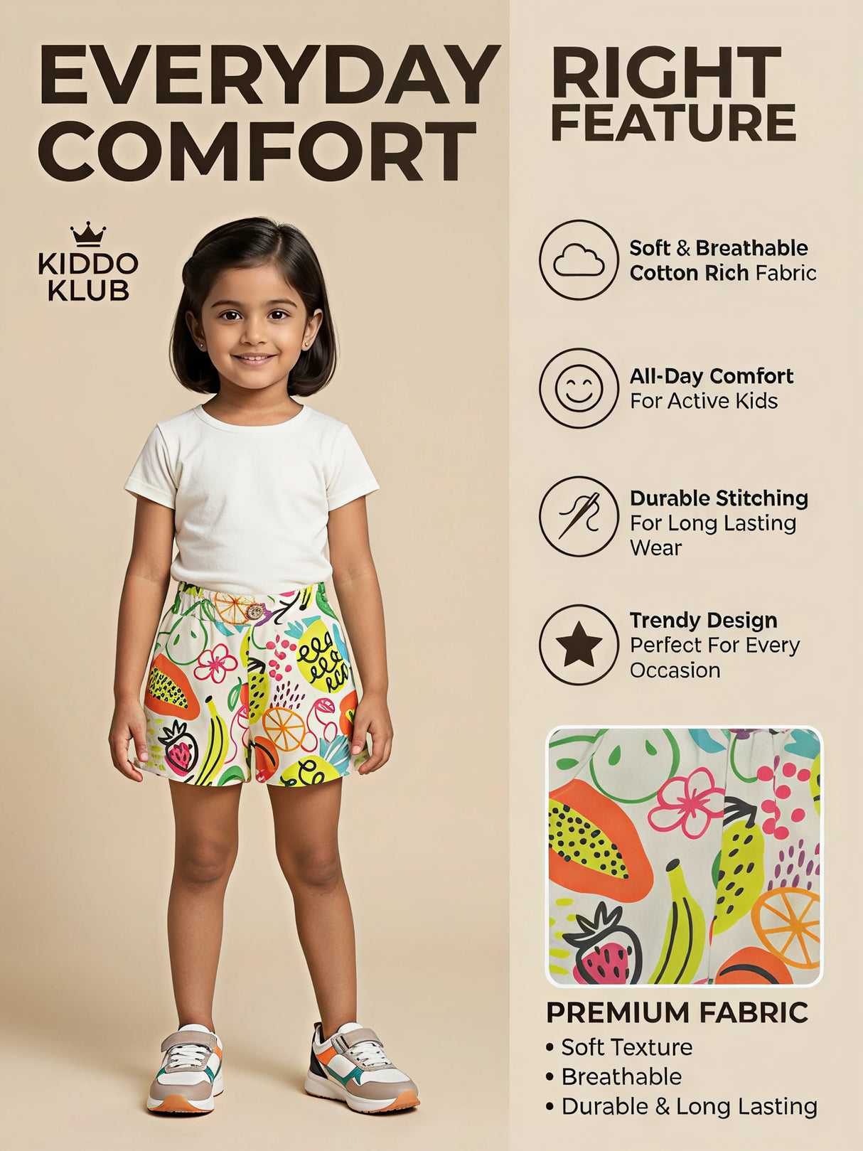 Girls Vibrant Yellow Multi-Fruit Printed Casual Shorts