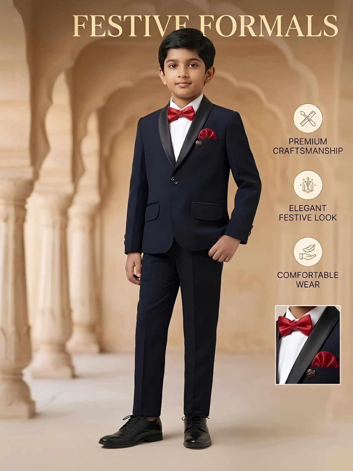 Boys Black Tuxedo Coat Suit with Red Bow Tie