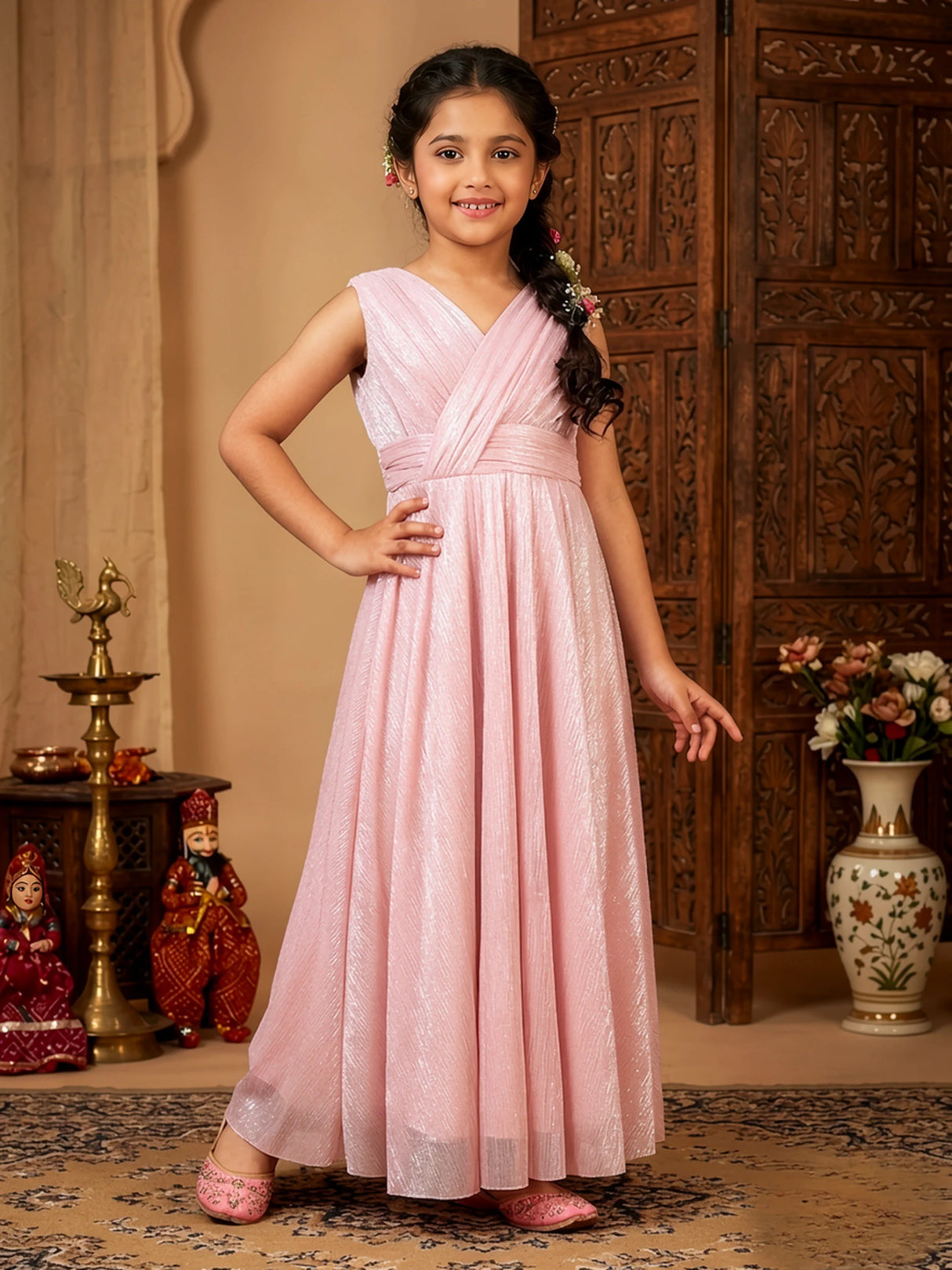 Girls Elegant Shimmer Pink Floor-Length Gown
