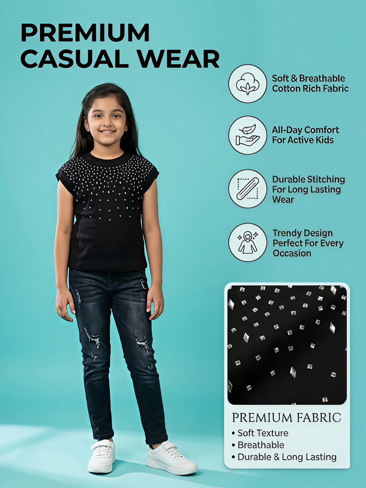 Girls Black Rhinestone Embellished Cap Sleeve Top