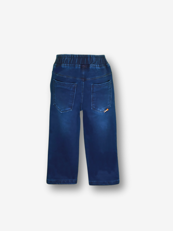 Boys' dark navy blue denim jeans in a straight-leg cut, featuring a gathered elastic waistband and a khaki web belt with a silver buckle.
Export to Sheets