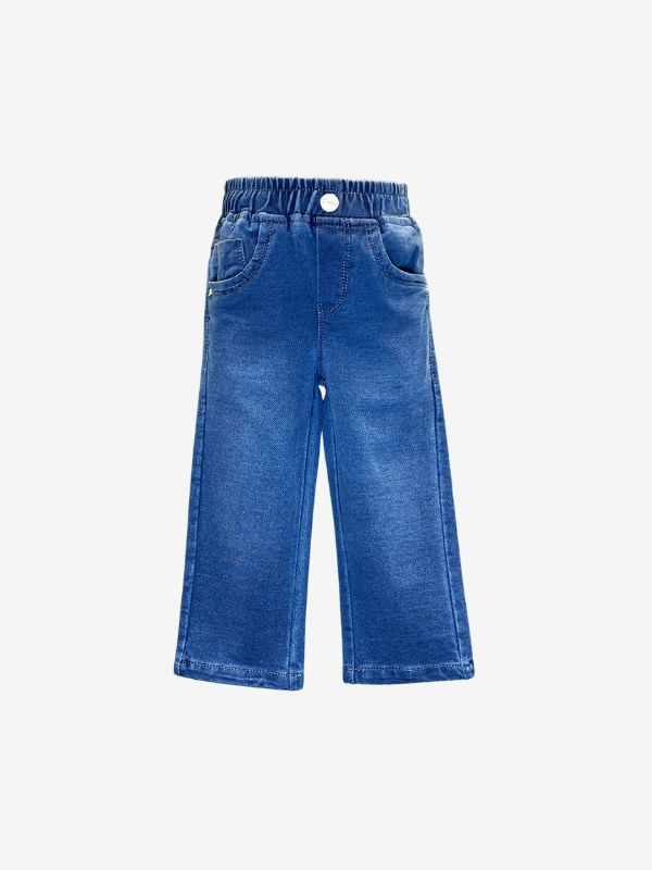 Boys' light blue wash wide-leg denim jeans with a gathered elastic waistband and a single silver button.
Export to Sheets