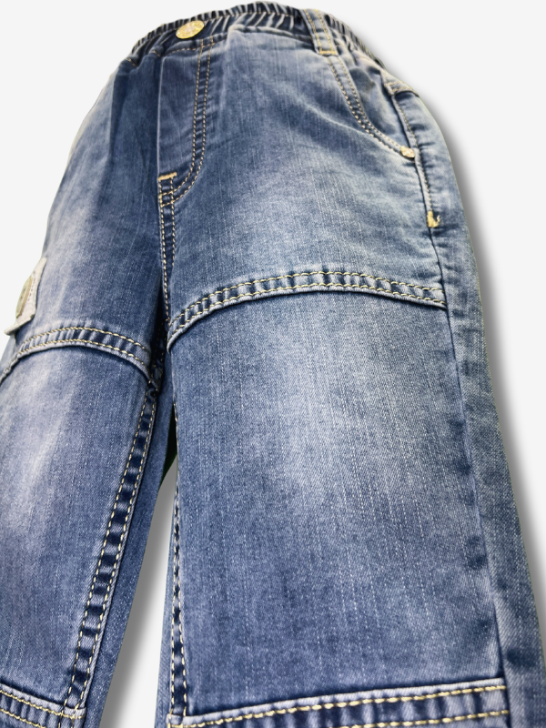 Boys' pale light blue pants in a soft knit denim fabric, featuring a smooth elastic waistband, front slant pockets, and a straight-leg cut.
Export to Sheets