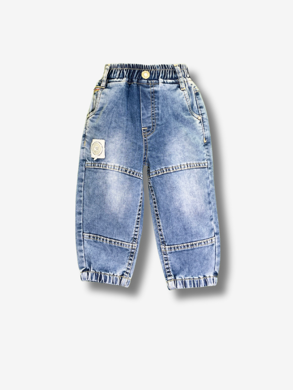 Boys' pale light blue pants in a soft knit denim fabric, featuring a smooth elastic waistband, front slant pockets, and a straight-leg cut.
Export to Sheets