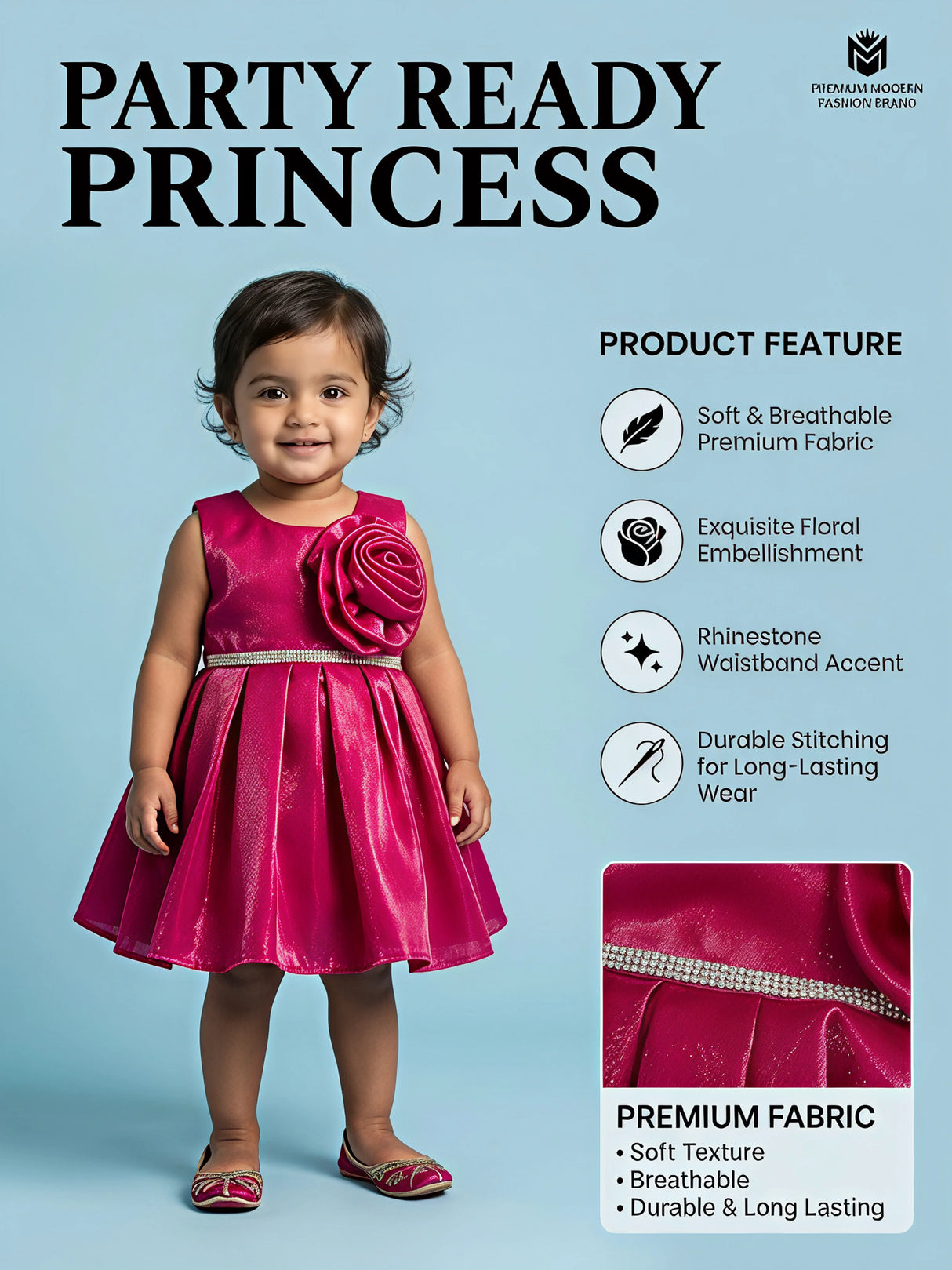 Girls Rani Pink Party Wear Frock.