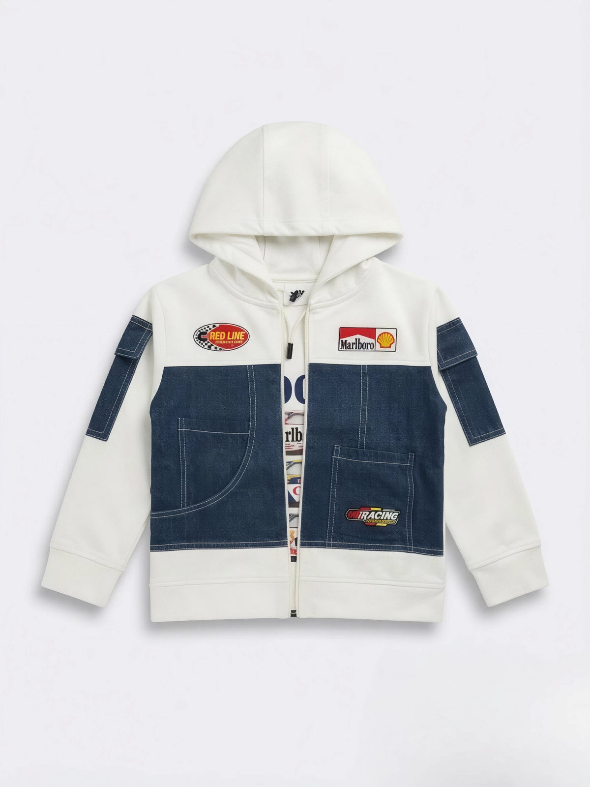 White Colourblock Graphic Hooded Jackets Kids Casual Wear