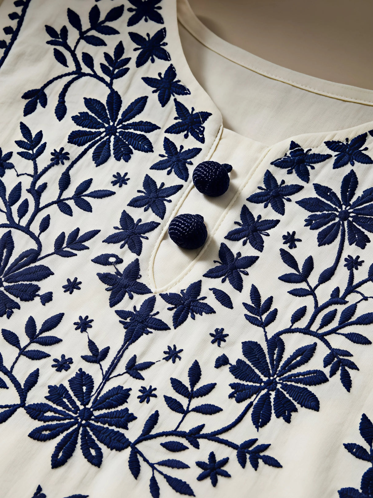 Girls' White Kurti & Trouser Set with Navy Blue Lucknowi Embroidery