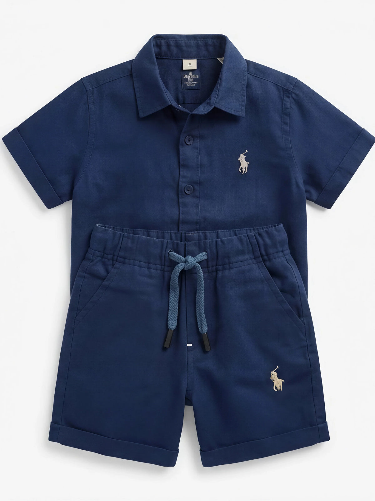 Navy Blue Solid Shirt and Shorts Boys Coordinate Set