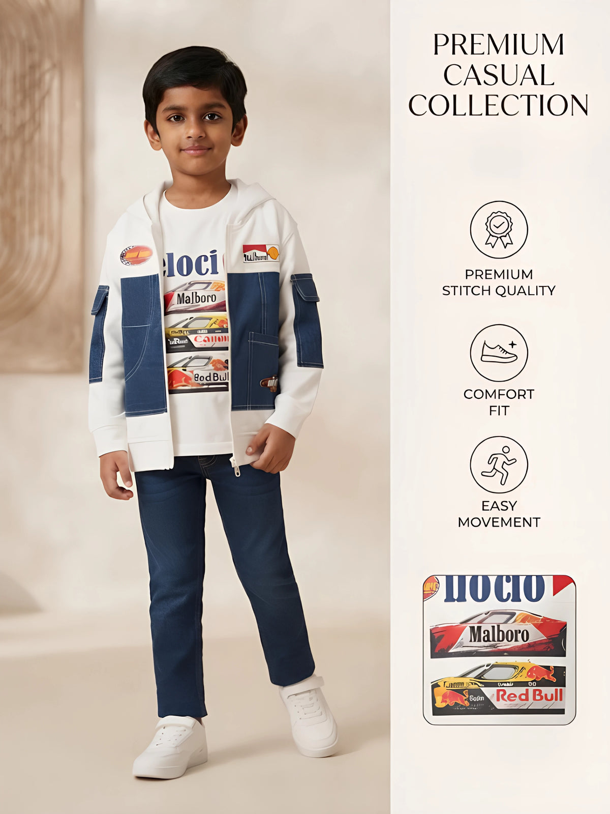 White Colourblock Graphic Hooded Jackets Kids Casual Wear