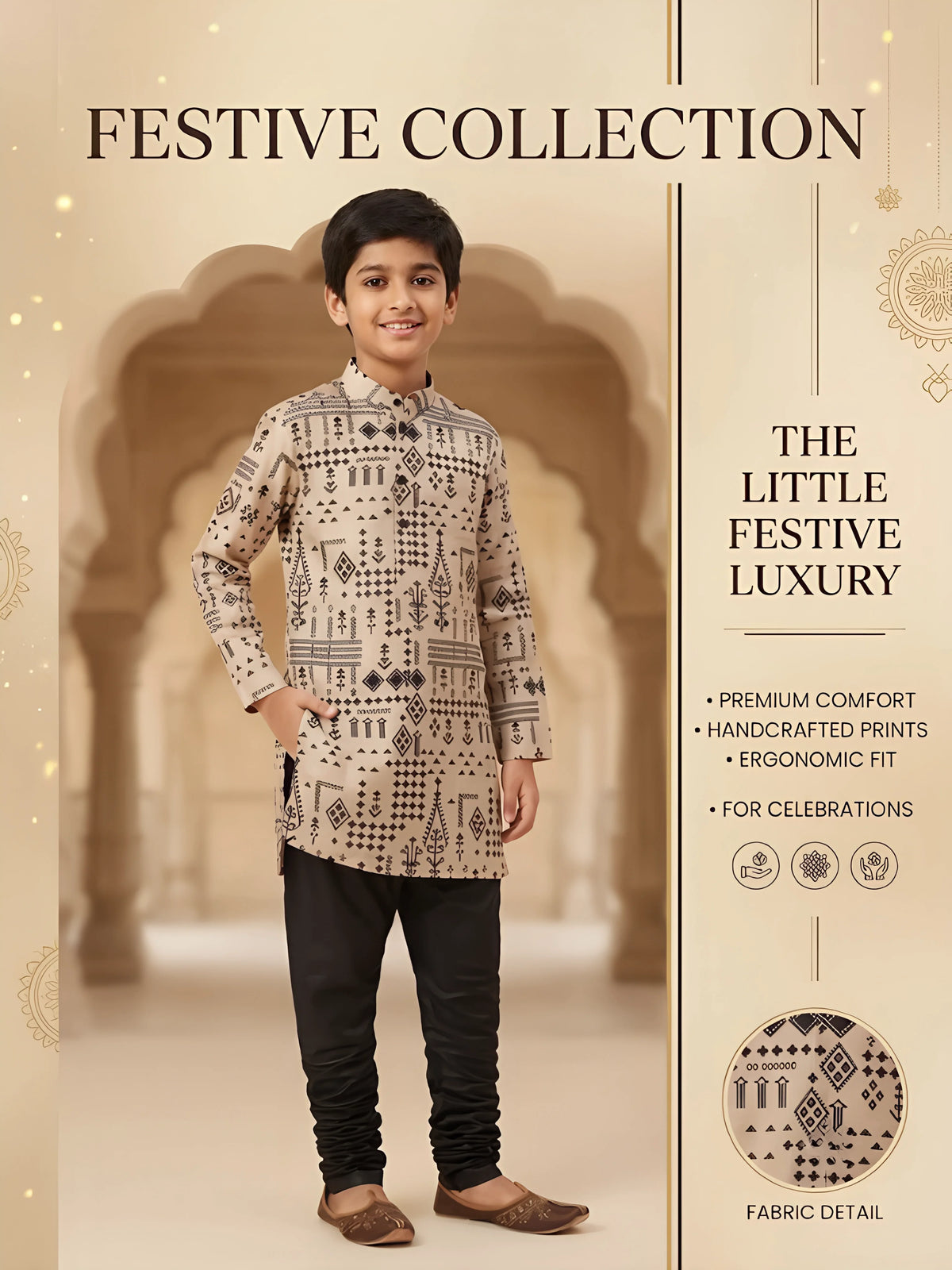 Black Geometric Print Kurta Pajama Set for Boys