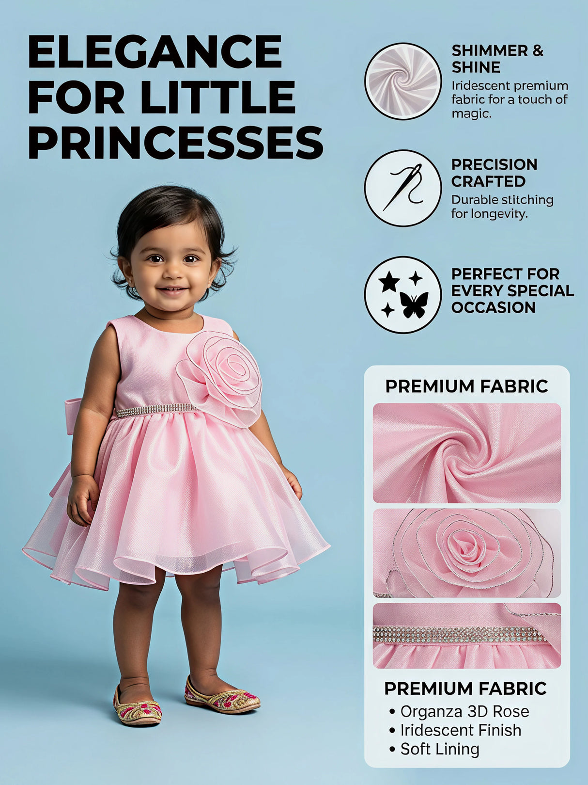 Girls Elegant Pink Party Wear Frock with 3D Rose Embellishment.