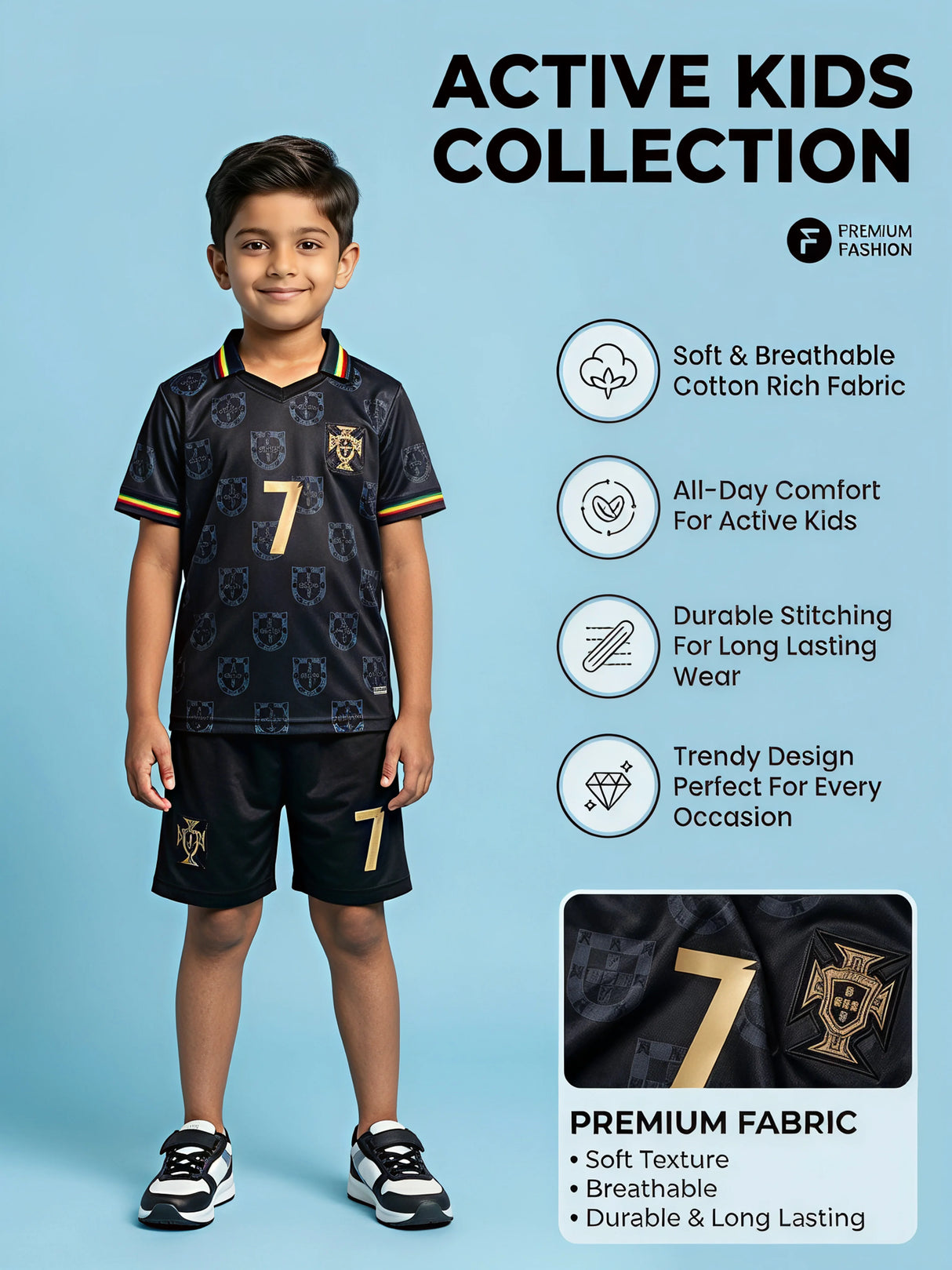 Boys Premium Black Sports Coordinate Sets with Number 7 Print