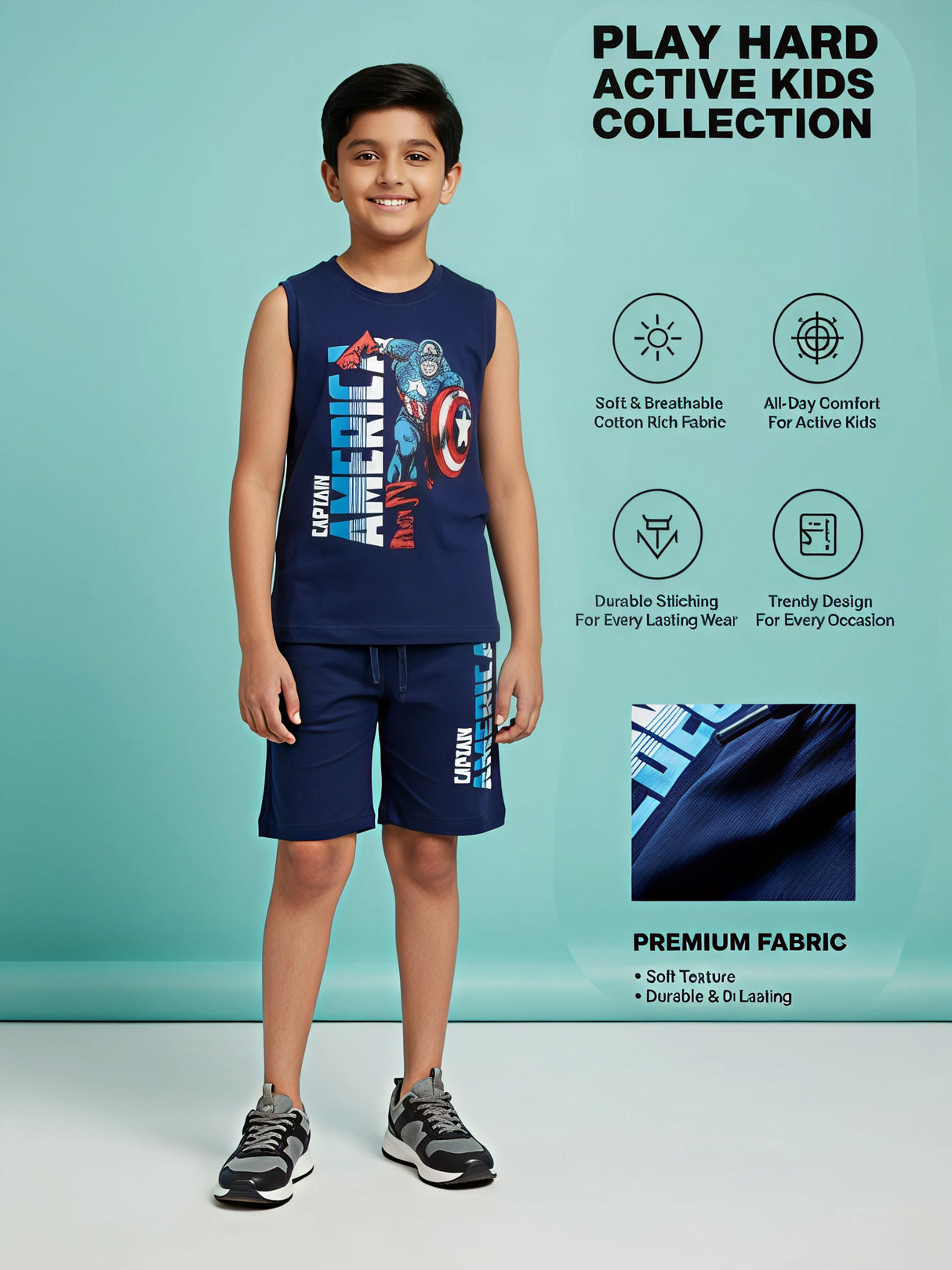 Boys Navy Blue Captain America Graphic Sleeveless Shorts Set