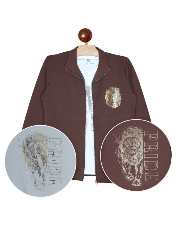 Boys' casual outfit featuring a chocolate brown zip-up jacket with a gold foil lion head graphic, layered over a white T-shirt with a matching lion and 'PRIDE' print.