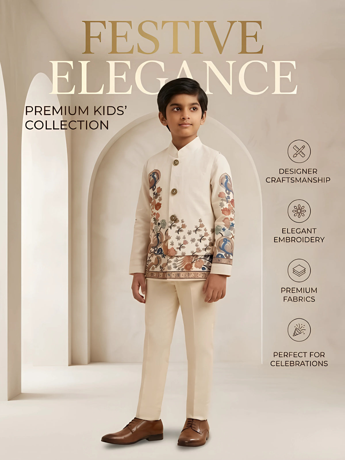Boys Cream Printed Waistcoat Set