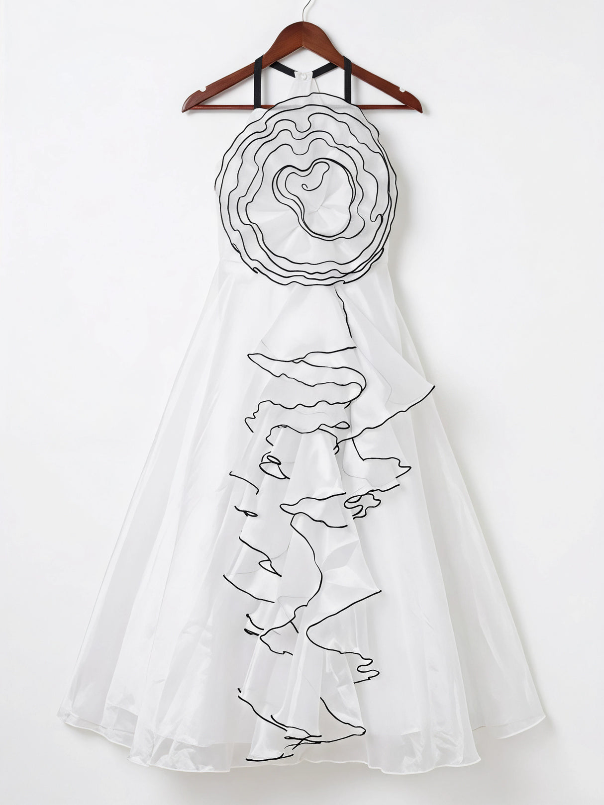 Elegant White Floral Organza Gown with Contrast Piping