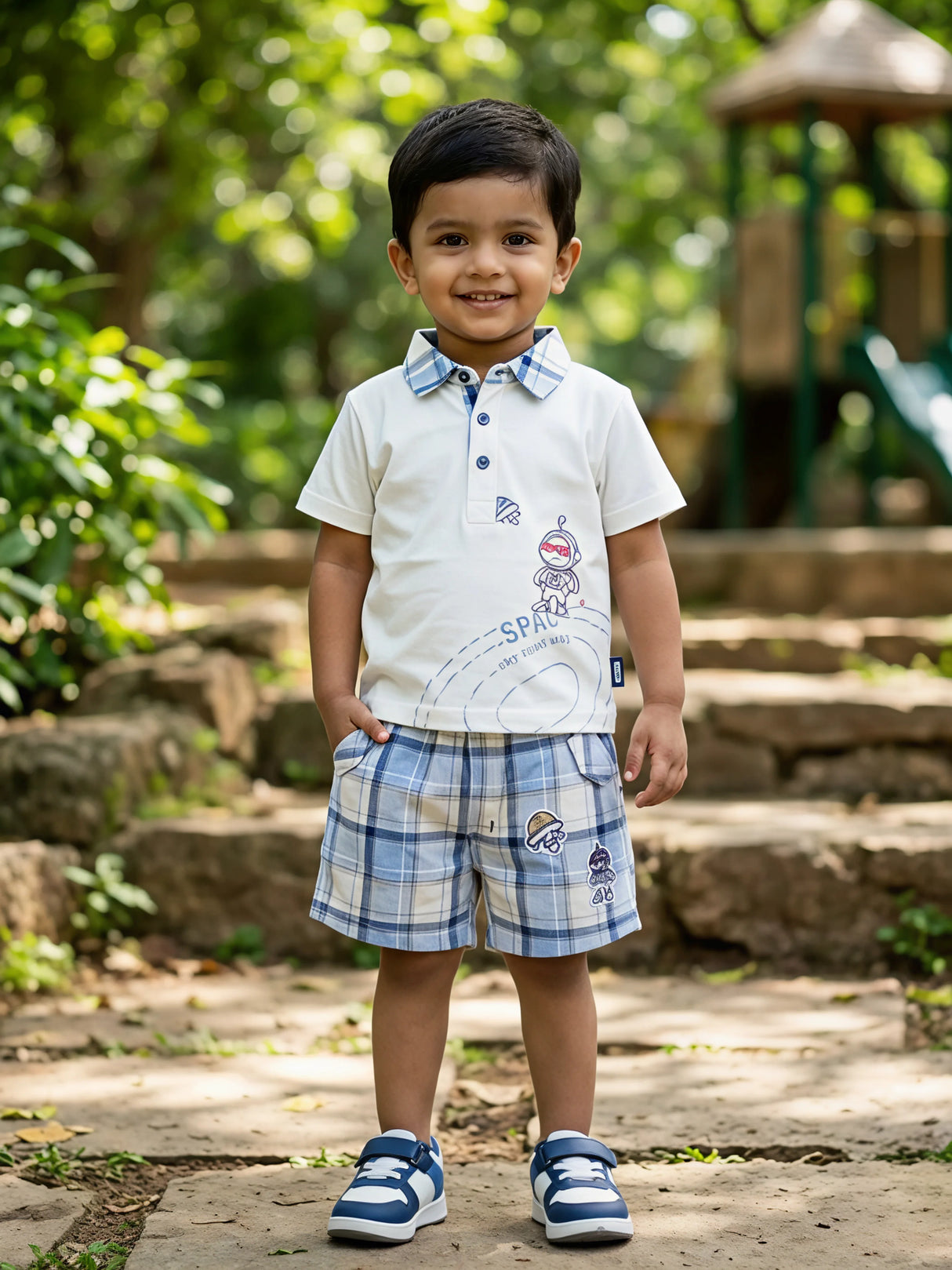 Boys Brown Space Explorer Polo & Plaid Shorts Coordinate Set