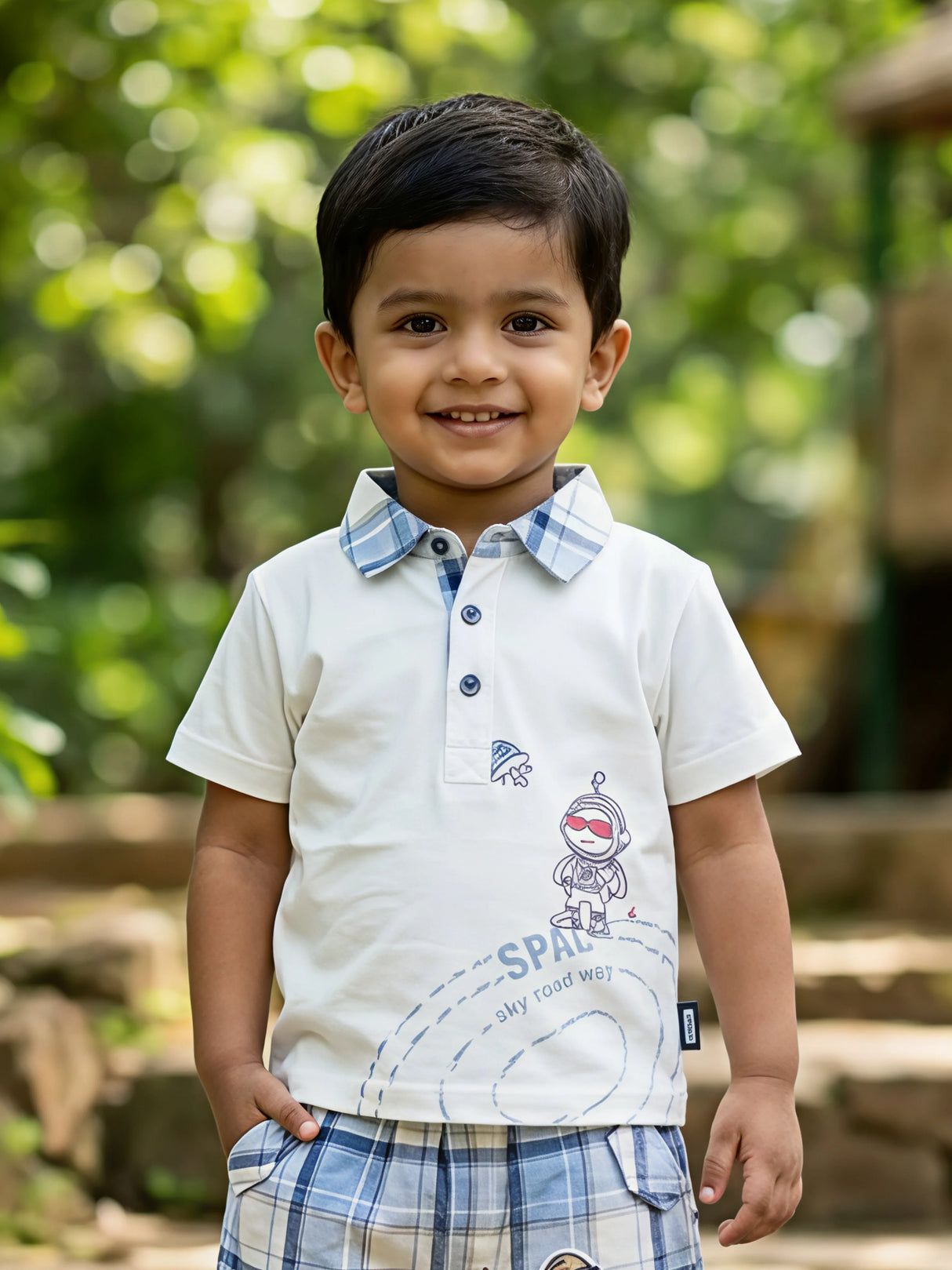 Boys Brown Space Explorer Polo & Plaid Shorts Coordinate Set