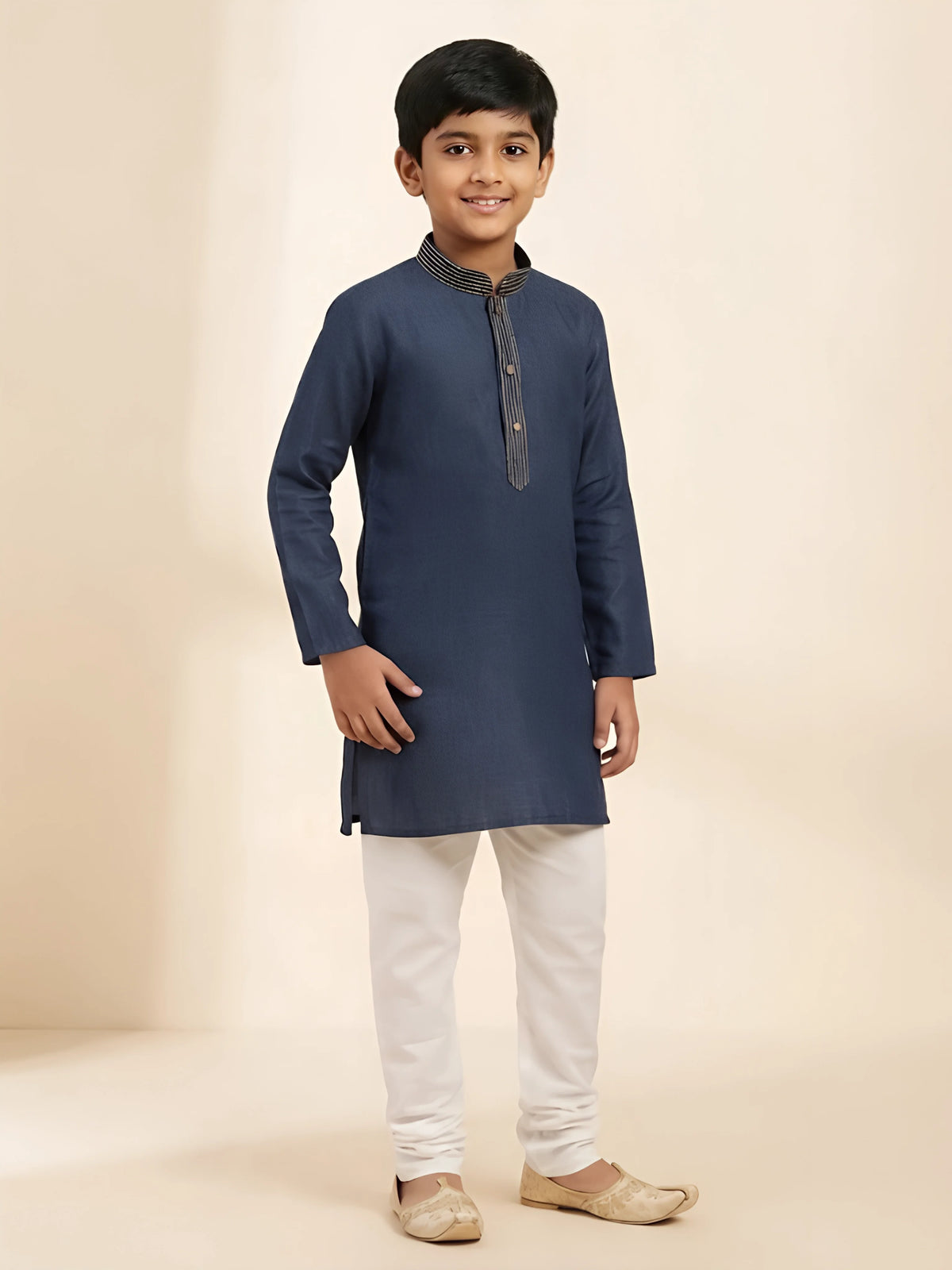 Navy blue solid kurta with white pajama set for boys.