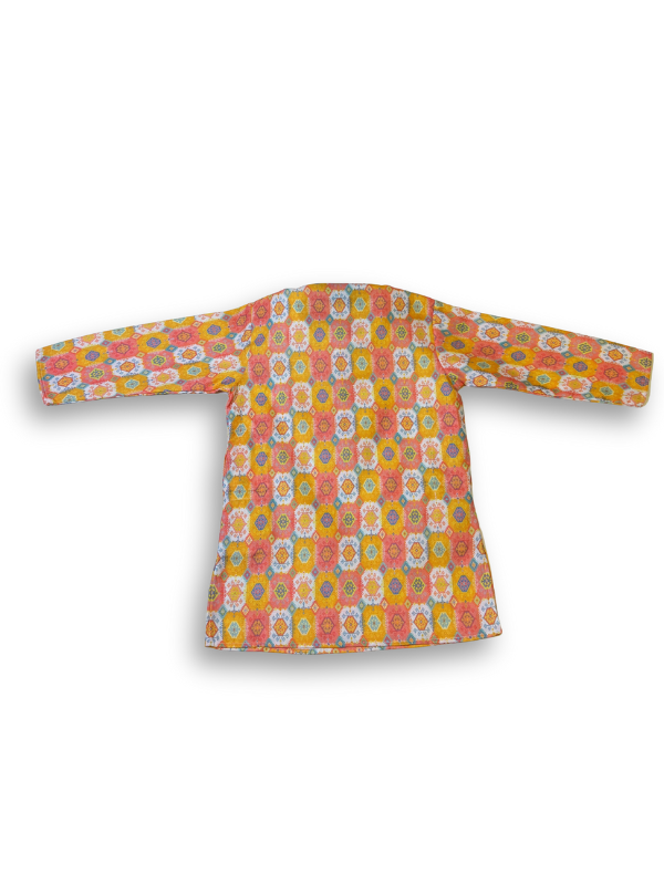 Boys' long-sleeved kurta with a colorful geometric print in yellow, orange, and pink, paired with plain cream or white elastic-waist pyjama pants.
Export to Sheets