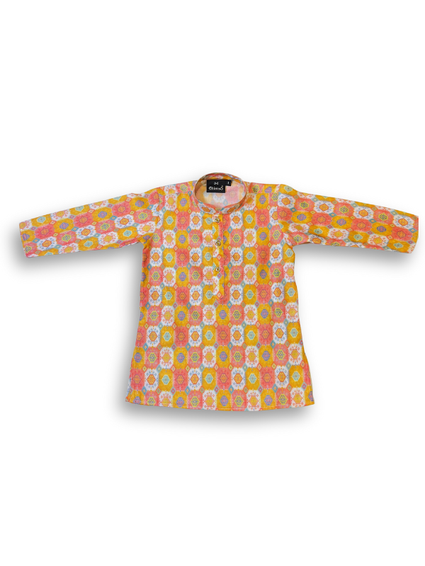 Boys' long-sleeved kurta with a colorful geometric print in yellow, orange, and pink, paired with plain cream or white elastic-waist pyjama pants.
Export to Sheets