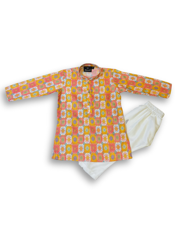 Boys' long-sleeved kurta with a colorful geometric print in yellow, orange, and pink, paired with plain cream or white elastic-waist pyjama pants.
Export to Sheets