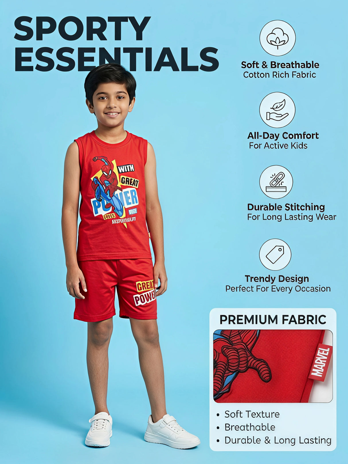 Boys Red Spiderman Graphic Cotton Vest and Shorts Set