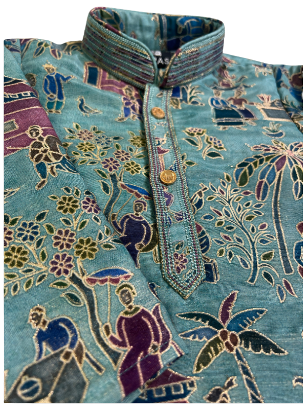 Boys' Light Blue Printed Jacket & Kurta Set.