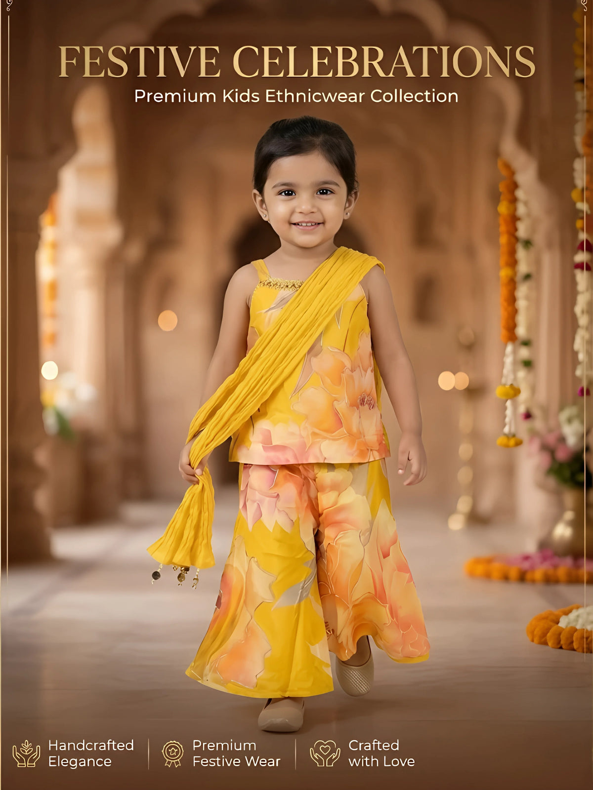 Yellow Floral Print Sharara Set with Dupatta
