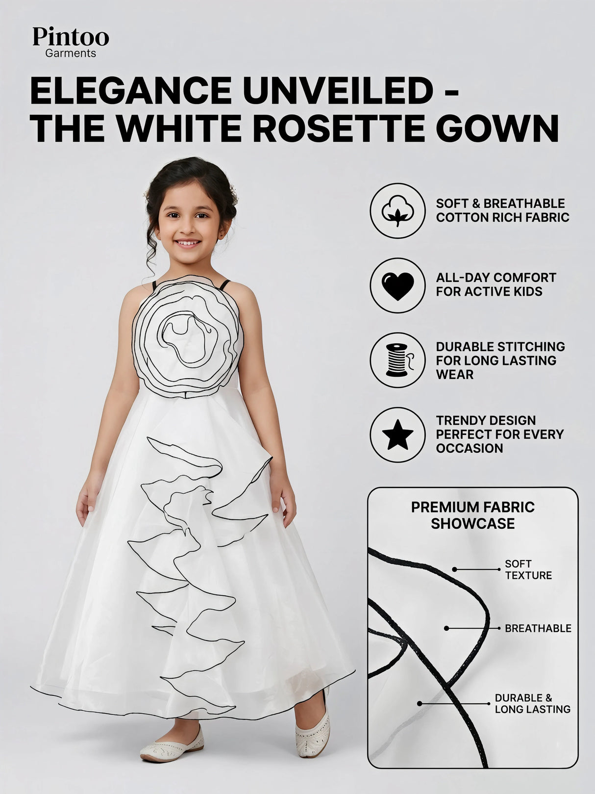 Elegant White Floral Organza Gown with Contrast Piping