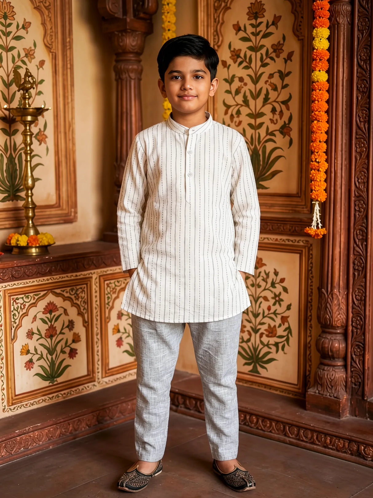 Boys Cream Striped Kurta with Grey Trousers Set