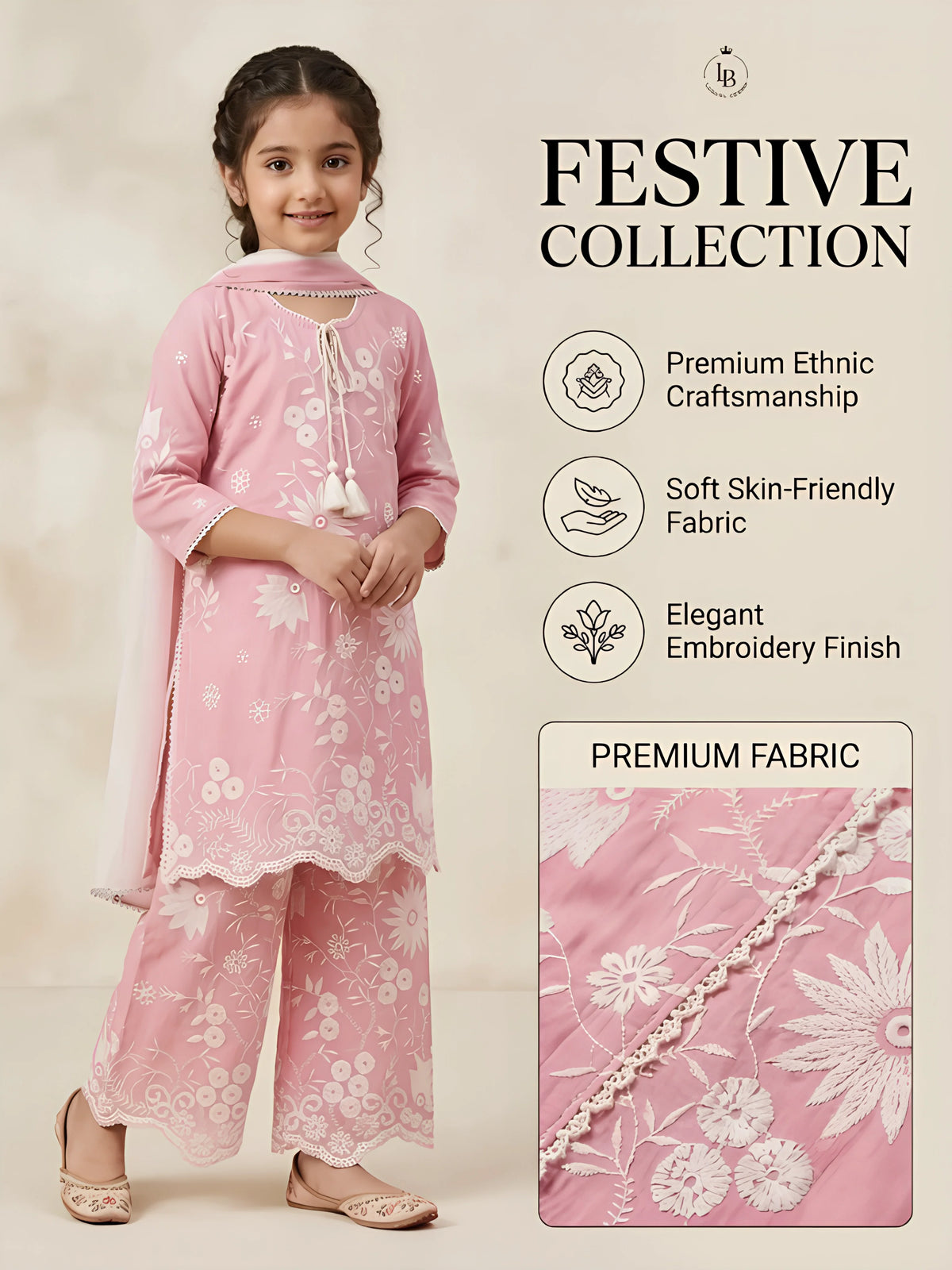 Girls Pink Floral Kurta Palazzo Set with Dupatta.