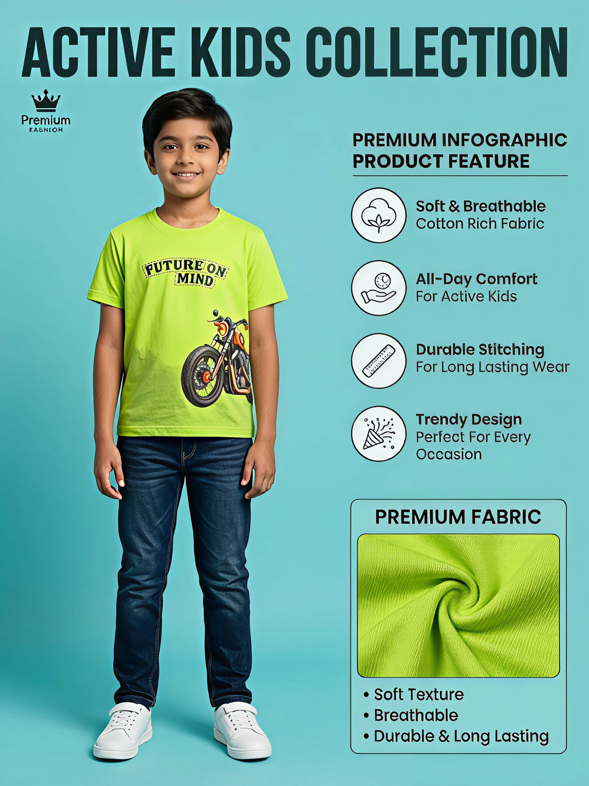 Boys Neon Green "Future on Mind" Motorcycle Graphic T-Shirt