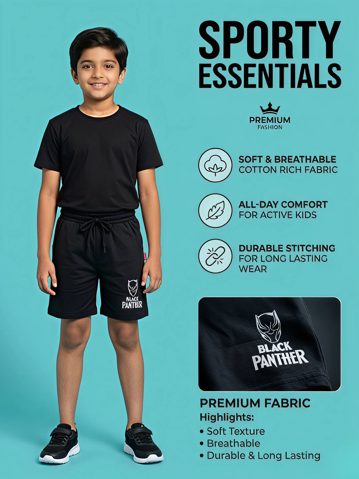 Boys Black Panther Graphic Shorts - Sporty Black Cotton Mix