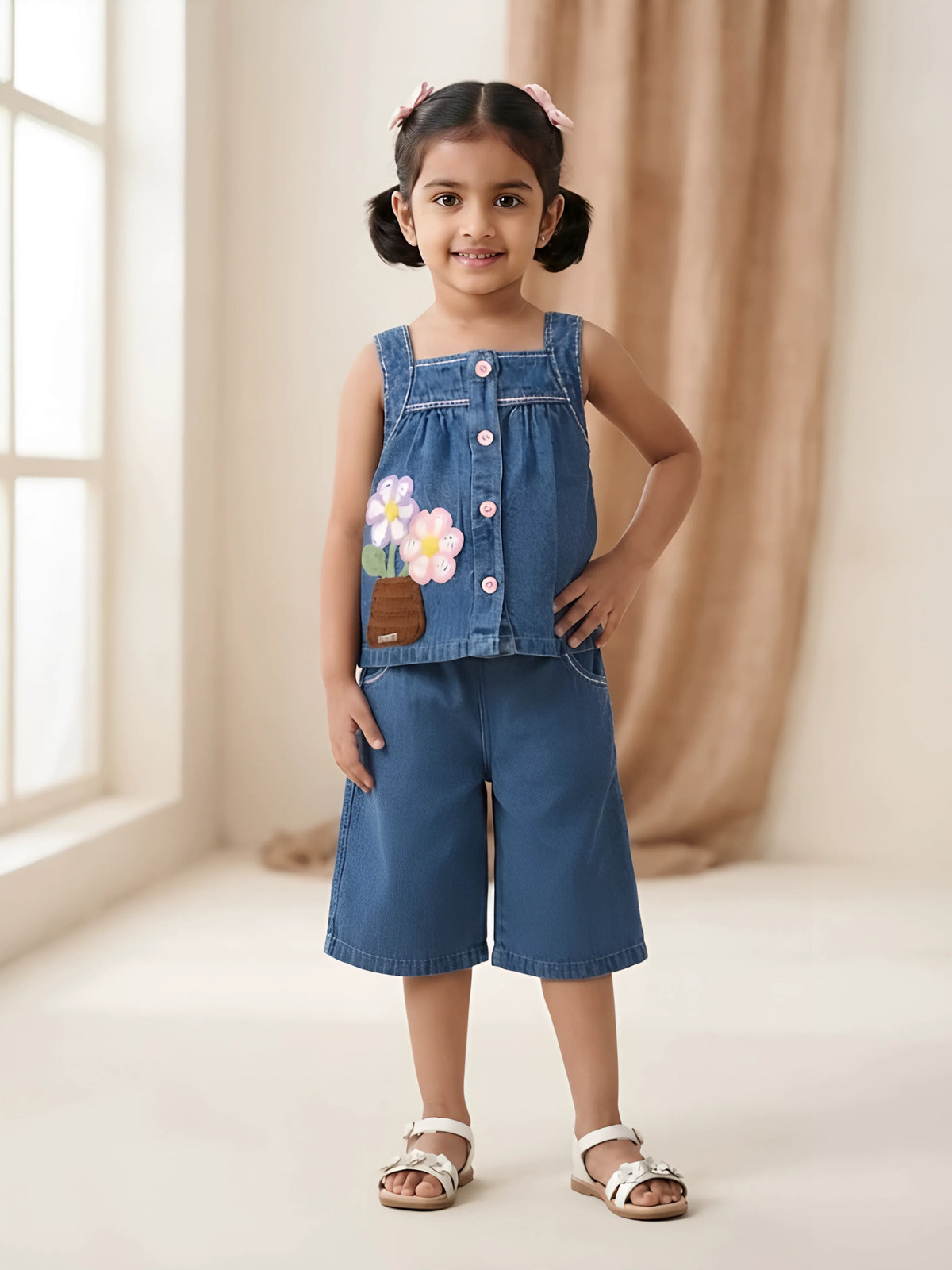 Cute blue denim palazzo set for girls featuring flower appliques and front buttons.
